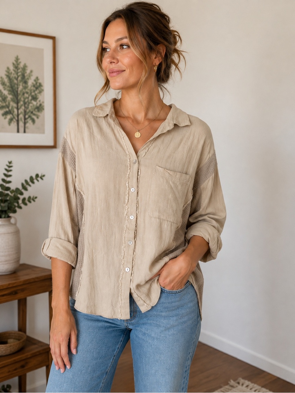 Final Touch Beige Button Front Shirt Women’s M Boho Knit Side Panel Utility Top